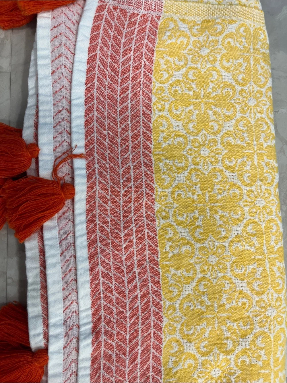 Turkish Towel Peshtemal Throw Yellow Cotton jacquard with Pink Trim & Red Tassel